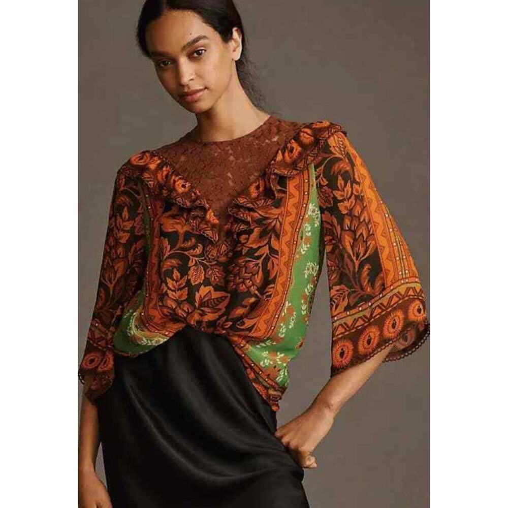 Farm Rio Floral Print Ruffle Lace Mix Blouse Orange Sz. S